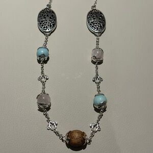 Brighton Silver Songbirds Large Stone and Wood Bead Silver Necklace